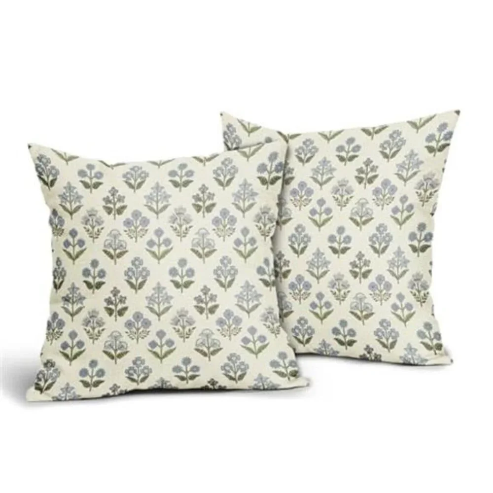 Blue Green Print Pillow Covers 18x18 Set of 2 Vintage Floral Spring NO INSERT